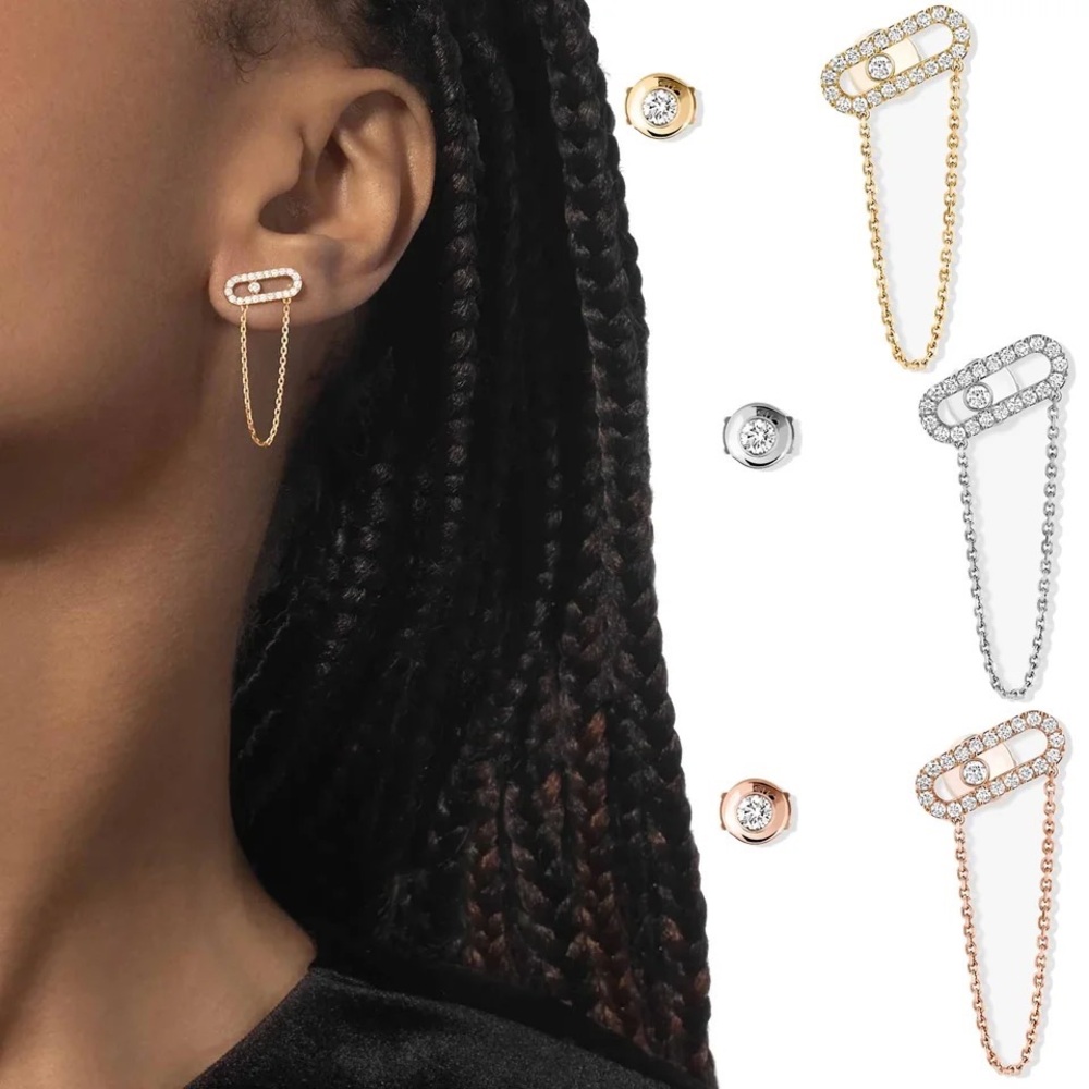 Messika Paper Clip Oval Chain Stud Iced Loop Oval Crystal Eye Irregular Earrings - Picture 9 of 15